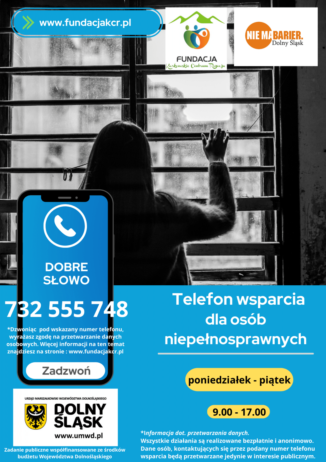 obrazek prezentujący ulotkę telefon wsparcia dla osób niepełnosprawnych, zadzwoń pod numer: 732 555 748