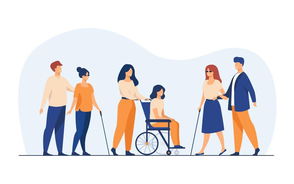 grafika rysunkowa prezentująca postacie z niepełnosprawnościami oraz pomagaących im asystentów